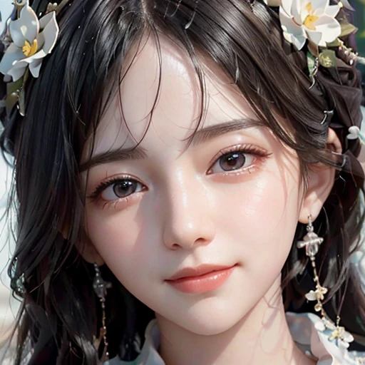 highest quality, ultra nothing, realistic, Photo of one beautiful woman, detailed face, Beautiful black hair, (detailed porcelain dolls,white dress with detailed details), Mansion Pool, (Close up of face from neck), fascinating look, looking at the viewer, happy smile, Bright lighting,