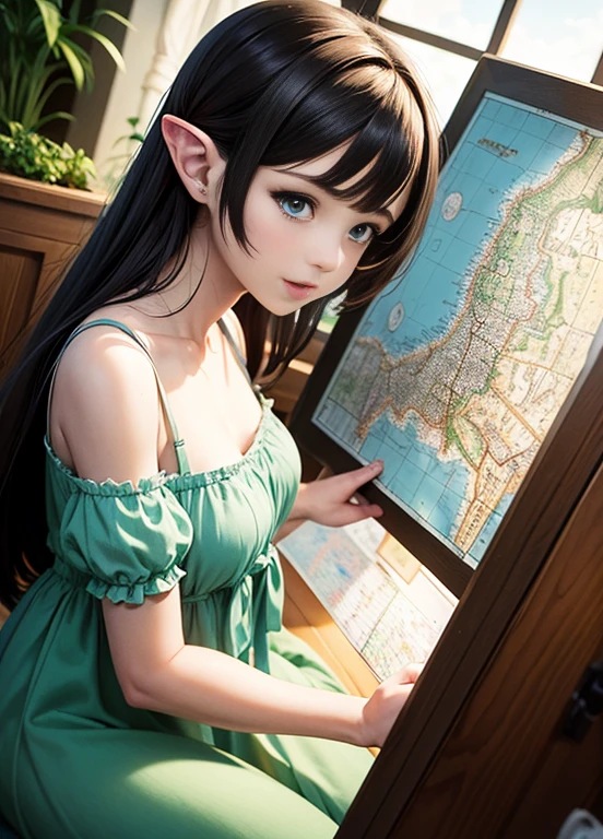 Ultra-realistic 8k CG, masterpiece, best quality, (photorealistic:1.4), absurdres, extremely detailed, realistic anime style, realistic anime style, realistic art style, kawaii realistic portrait, anime art style, anime styled digital art, Anime style. 8K, anime vibes, anime style portrait, anime realism style, realistic anime 3 d style, a fairy girl (((looking at a map))), fantasy art, fairy dress, fairy theme, night garden,