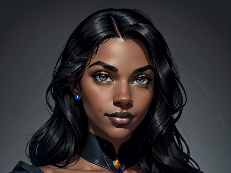 masterpiece, best quality, realistic, black girl , quiet and charming , 23 year old, a smirk, closed mouth, ((black skin)), round nose, portrait, extremely detailed face, cold and smirk, ((light gray eyes)), ((Black long hair)), [thick eyebrows], ((princess)), blue royal dress, dim light, water background