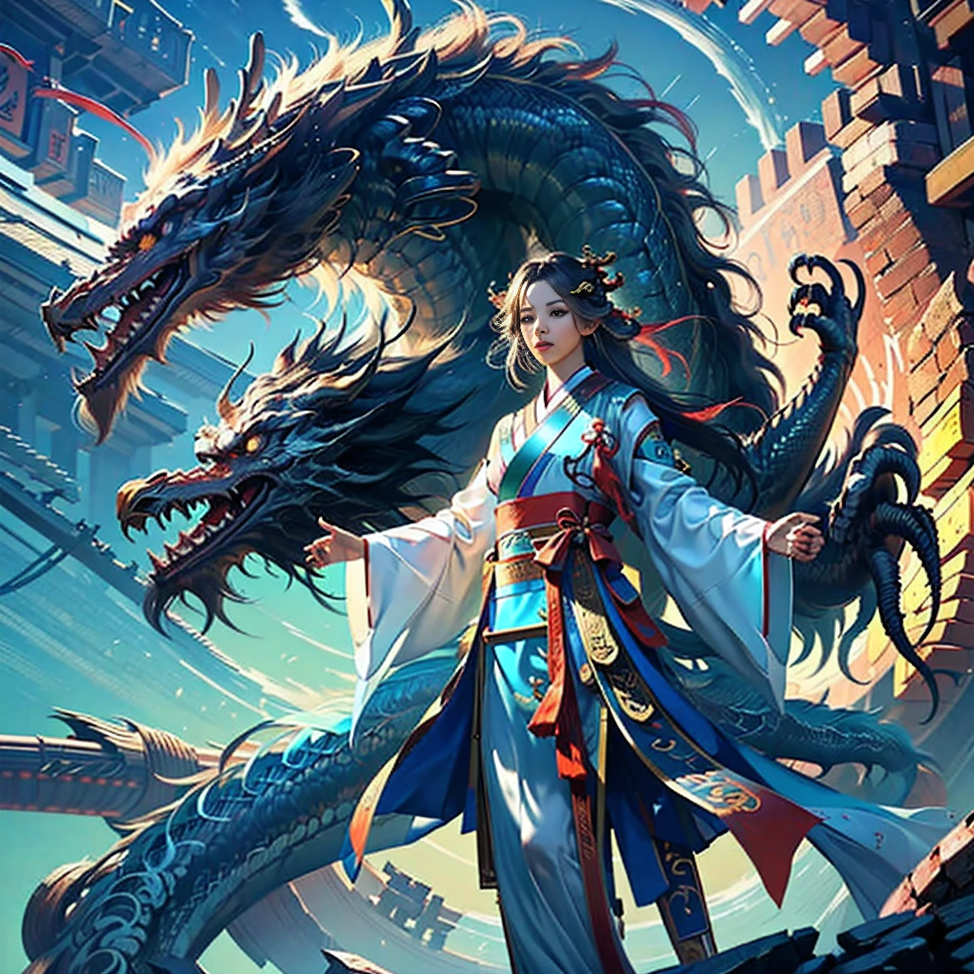 Nsfw, showing body parts, Dragon_Real, Flame Long dragon, Chinese dragon, paws, serpentine body, sharp eyes, ((best quality)), ((masterpiece)), ((realistic)), ((small shota boy with fragile feminine body in Chinese clothes, flowing hair adorned with a beautiful hair ornament, standing amidst flying flower petals with a majestic dragon wrapped around her)), Haircut model by Choppy layers, possed is Standing in the doorway pose, sharp grey-blue, shooting angle is Bird's-eye view,
Be mesmerized by the enchanting sight of an 1 girl donned in elegant Chinese attire, her flowing hair gracefully embellished with a captivating hair ornament. As flower petals sway in the wind around her, a majestic dragon wraps its serpentine body around her, creating a scene of mythical allure. Immersed in the deepest jungle river of a rainforest village, the lush greenery and vibrant flora surround them. Runes adorn the landscape, imbuing an air of ancient mysticism. The duo stands atop a mist-covered mountain, where snow-capped peaks reach for the sky. Soft light illuminates the girl's face, casting gentle shadows and capturing her ethereal beauty. Bokeh and distant neon lights add a touch of magic from afar, creating a dreamlike ambiance. The blurry background further enhances the cinematic quality, drawing attention to the splendid and hyper-detailed composition. Prepare to be captivated by the seamless blend of natural elements and fantasy in this artistic masterpiece.