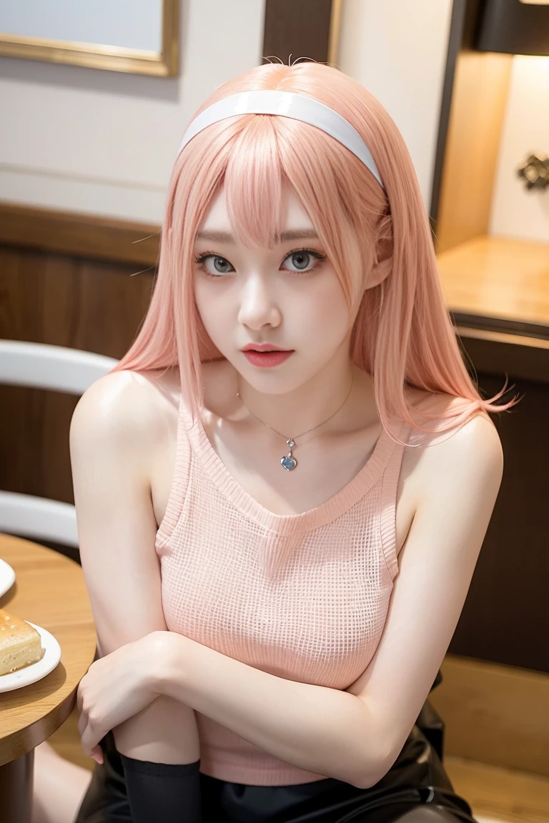 Close-up of a woman wearing a short skirt and top in a cafe, seductive anime girls, Anime Girls Cosplay, japanese goddess, real life anime girls, Beautiful charming anime woman, Attractive anime girl, cgstation trends, anime goddess, anime cosplay, perfect android girl, OPPEIN, perfect pink haired girl, sexy girl, 