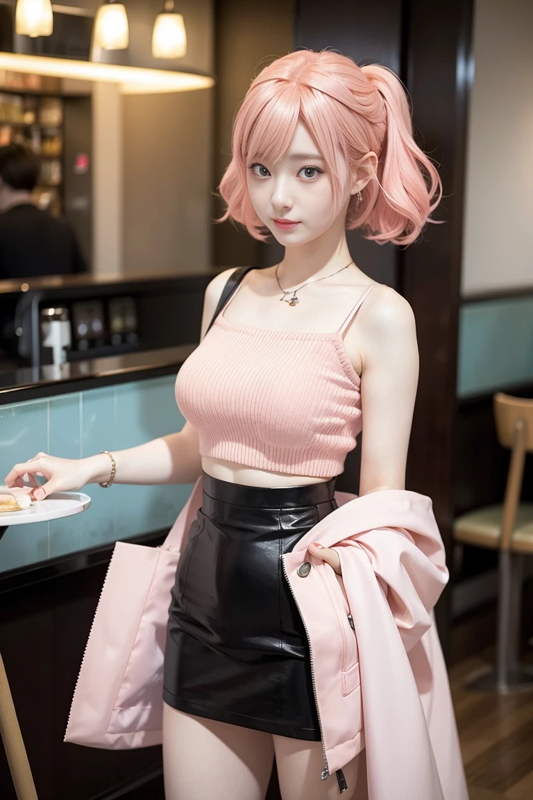 Close-up of a woman wearing a short skirt and top in a cafe, seductive anime girls, Anime Girls Cosplay, japanese goddess, real life anime girls, Beautiful charming anime woman, Attractive anime girl, cgstation trends, anime goddess, anime cosplay, perfect android girl, OPPEIN, perfect pink haired girl, sexy girl, 