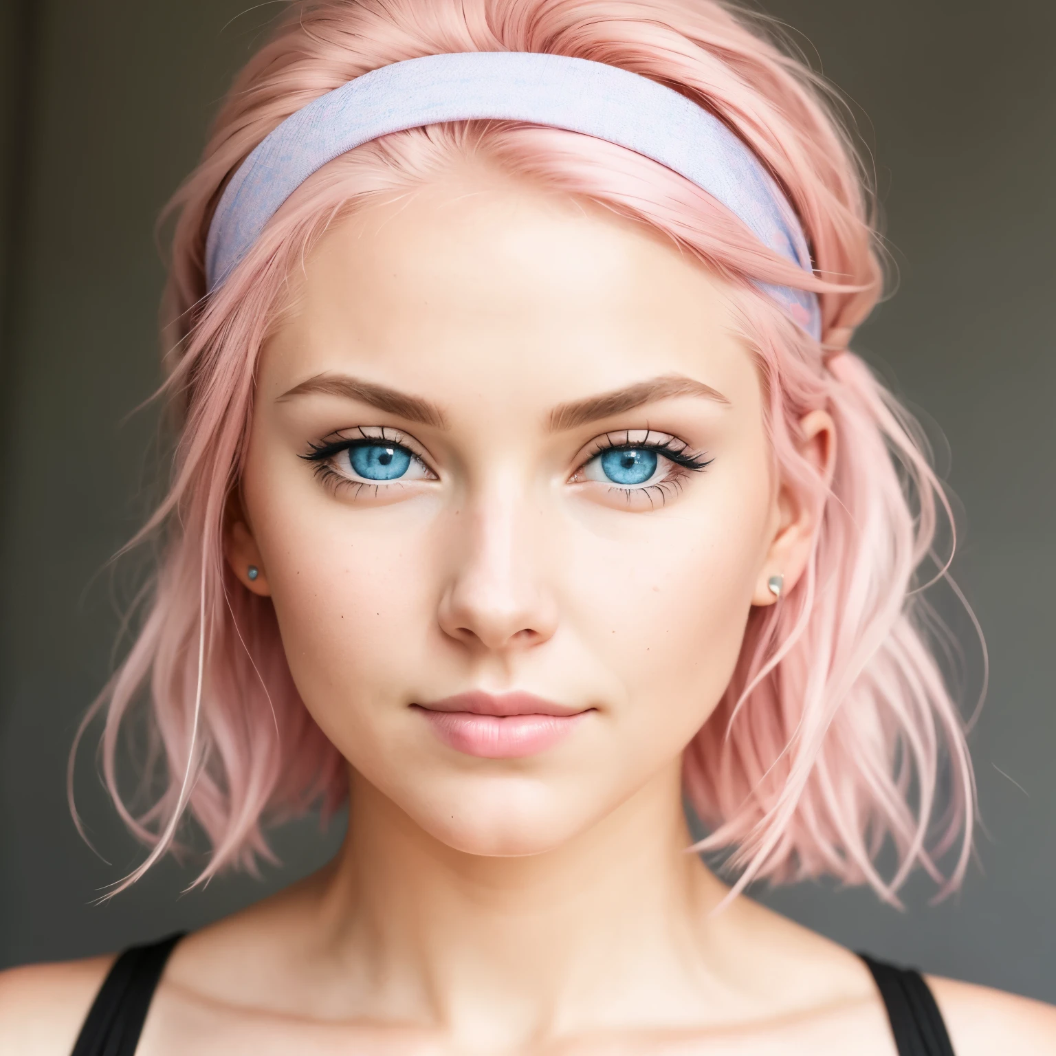 CLOSE-UP, RAW,full body, beautiful woman face, pink hair, blue eyes, cute, headband,