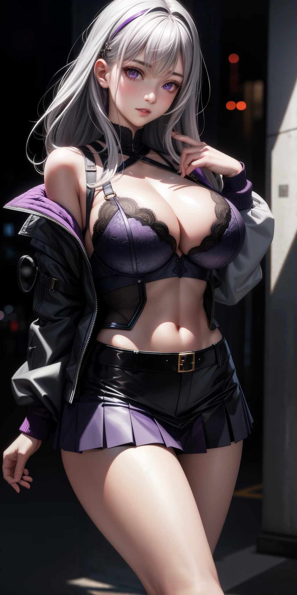 Realistic, girl two, gray hair, purple eyes, shining eyes, bra, no skirt, parted lips, big breasts