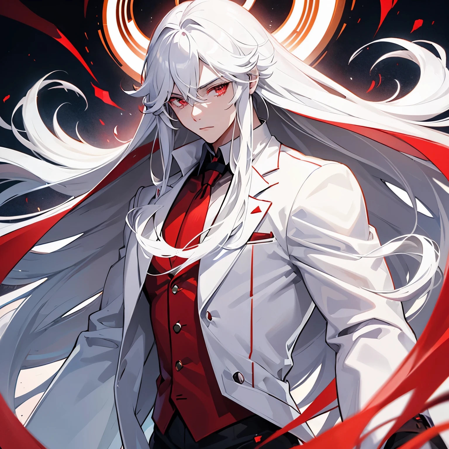 Boy with sharp red eyes, white long hair and a white coat, masculine and strong