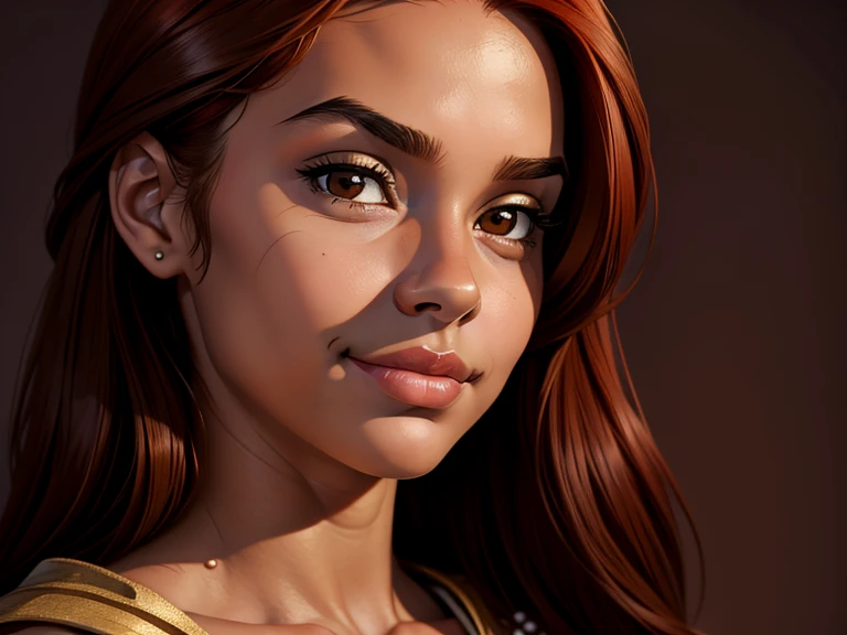 masterpiece, best quality, realistic, 1girl , quiet and charming , , a smirk, closed mouth, ((dark skin)), round nose, portrait, extremely detailed face, cold and smirk, ((baby face))brown eyes)), ((Red hair)), [thick eyebrows], ((peasant)), dim light, Taylor background