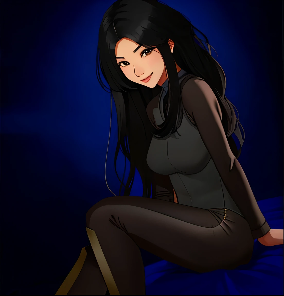 a vietnamese woman in underwear and bodysuit, dark long hairs, tan skin, sit on her bed, dark room, evil smile, looking at her own body