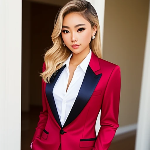 Beautiful blonde hair brown eyes half Filipina half America young woman realistic dressed to impress, red tuxedo, no tie, pants, suit top, buttons undone, prom, lesbian, no male,