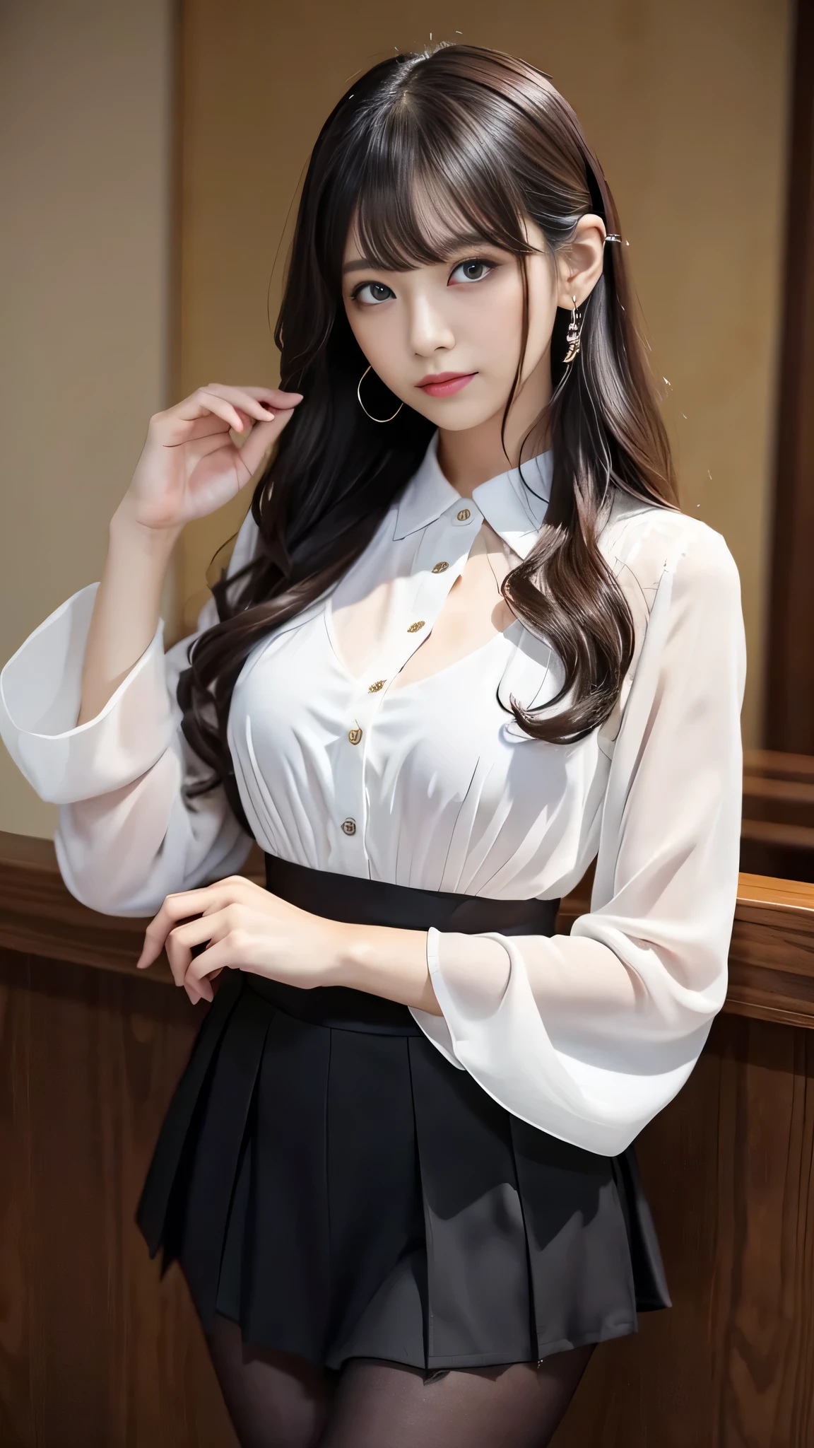 Super detailed、Japanese、charming beauty、seductive adult woman、Dainty woman、sharp eyes、cool girl、wavy hair、suit、Black chiffon、lacy fabric、wide sleeve、Jacket、white blouse、flare skirt、pantyhose、Shiny legs、evilの幹部、evil depravity、brainwashing、Mind control、left hand holding lips、grin、邪evilなな表情、evil、empty eyes、邪evilな、Church of Darkness、seductive pose、