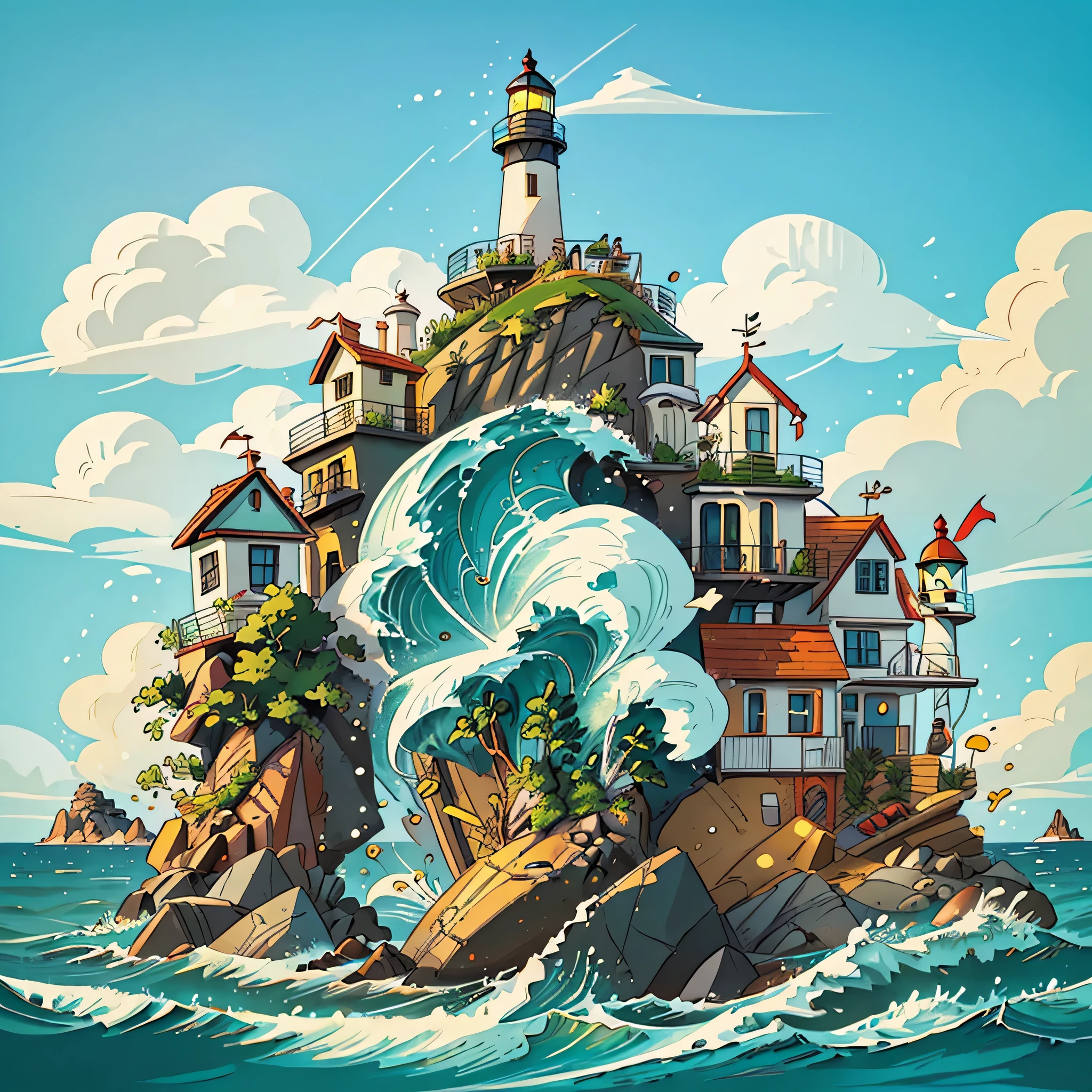 best quality,ultra-detailed,realistic,comic themed light house,artistic portrayal of a lighthouse with vibrant colors,comic book-inspired style,cartoon elements,dynamic composition,striking perspective,whimsical details,beaming light pouring out of the top,lush green surroundings,clear blue sky,water waves crashing against rocks,seagulls flying in the distance,playful comic book clouds,crisp lines and bold outlines,shadows and highlights creating depth and dimension,pop art influences,expressive brush strokes,enticing visual storytelling,eye-catching typography with sound effects,retro color palette reminiscent of vintage comic books,sun rays breaking through the clouds,dramatic lighting adding atmosphere and intensity,heroic feel to the scene,evoking a sense of adventure and wonder,comic book cover-worthy illustration