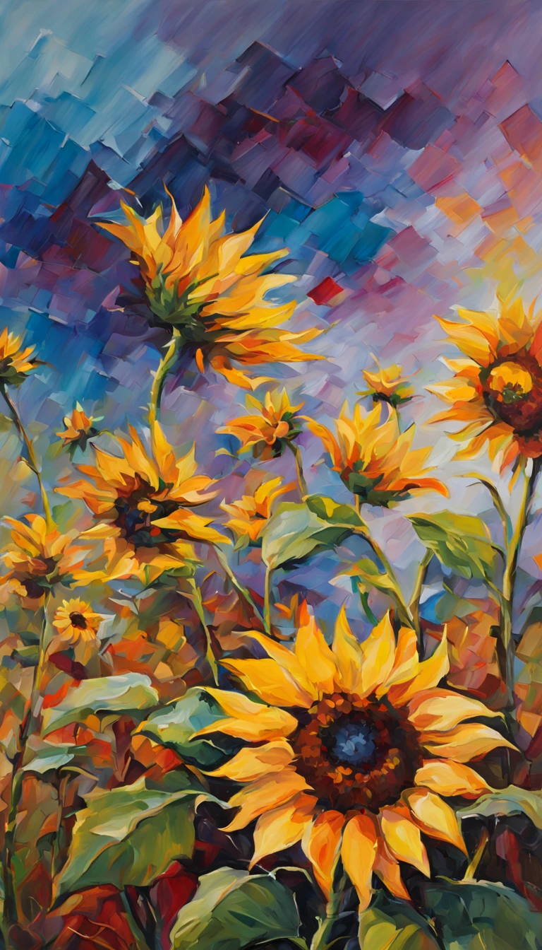 (best quality,highres:1.2),vivid colors,oil painting,girassol,flower fields