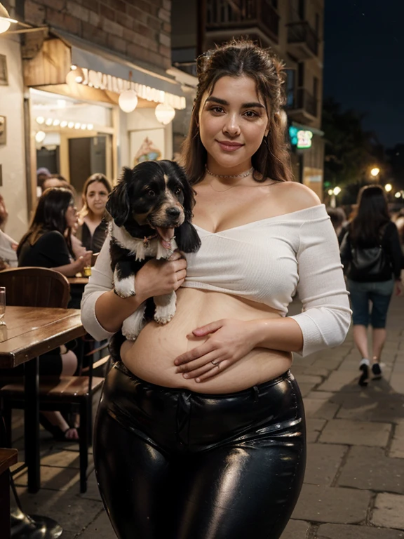 (8k, melhor qualidade, obra de arte:1.2), (realista, photo-realista:1.37), ultra-detalhado, 
1 chubby man with extremely thick thighs and a large belly and 1 girl with long black hair holding a poodle dog with white fur color the dog is on his lap the poodle wears a red bandana around its neck, Bonitinho, Sozinho,Beautiful detailed sky,detailed café,sentado, the girl is with her boyfriend next to her they are wearing shiny leather clothes the man is plump, chubby, extremely thick thighs, large belly, (nariz corado),(sorriso:1.15),(boca fechada) seios pequenos,lindos olhos detalhados, colarinho shir, casaco de couro preto jack, white bow, estrangulamento preto ,
(medium long hair:1.2),cabelo flutuante ,Estilo NovaFrog, Pele branca,cinematic light, Night square atmosphere,public lighting flowers foliage shrubs