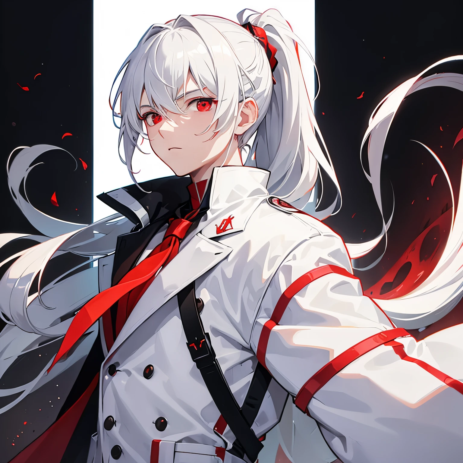 Boy with sharp red eyes, white long hair tied in a ponytail and a white coat, masculine and strong