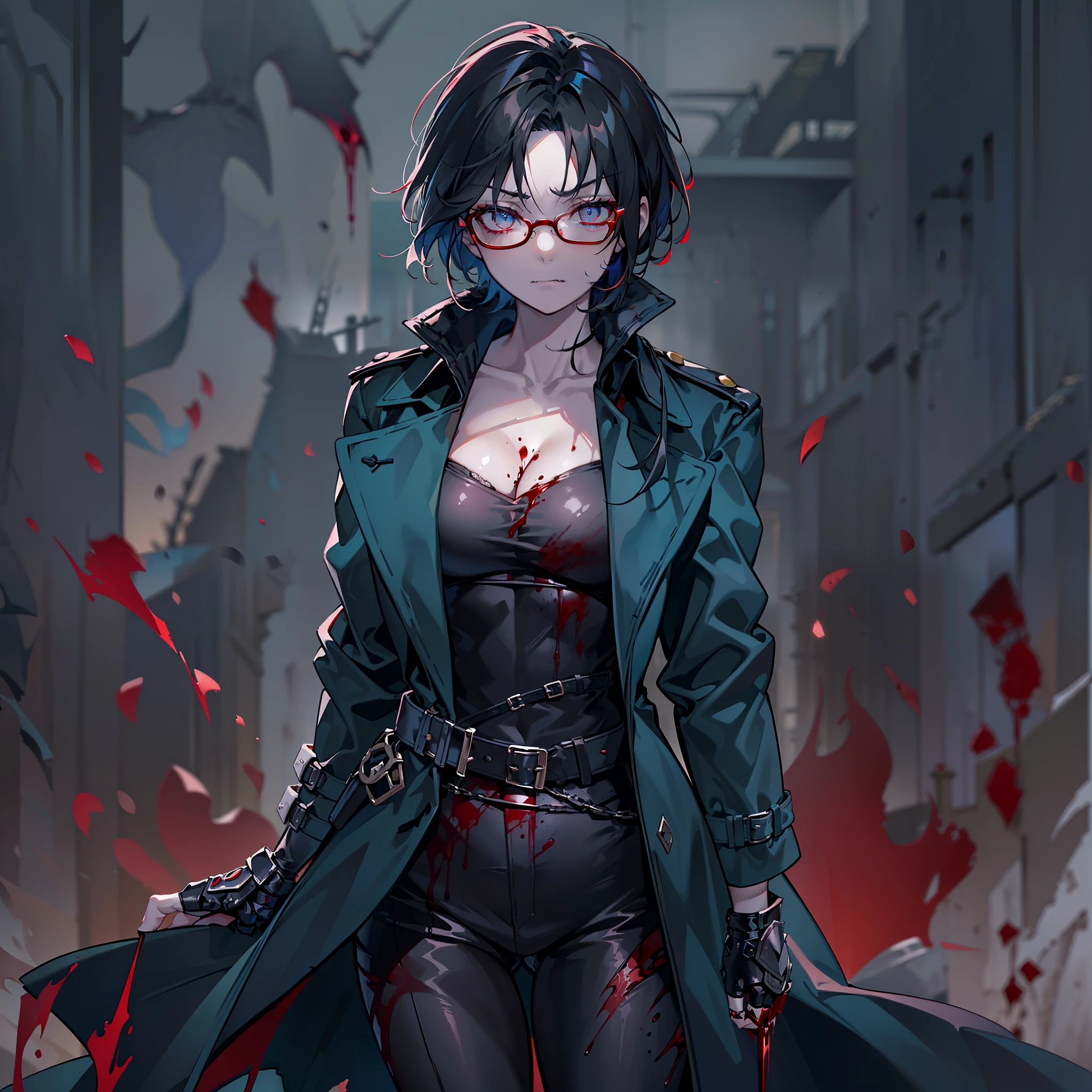 (High resolution, best quality, masterpiece) detail, intricate detail, realism, 1female, ((solo_focused)), single, one woman, physically fit, curvy, pale skin, vampire, fierce expression, dark eyes, (detailed eyes), red_rimmed eyes, sharpened fangs, closed_mouth, black hair, short hair, full body, medium breast, beautiful, mature, malevolent energy, (topwear:((shirt:black, trench_coat:black)), handwear:((gauntles) bottomwear:(pant:blue))), blood dripping, glasses, dark tinted glasses, smirking, menacing, blood spatter