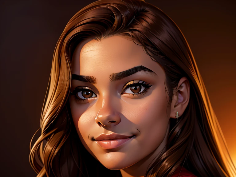 masterpiece, best quality, realistic, 1girl , quiet and charming , , a smirk, closed mouth, ((dark skin)), round nose, portrait, extremely detailed face, cold and smirk, ((baby face))brown eyes)), ((Red long hair)), [thick eyebrows], ((peasant)), dim light, Taylor background