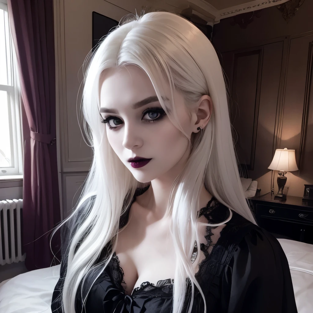 female vampire|albino, pale porcelain skin, smile, shallow depth of field, sadistic, nightfall, detailed face, night, wide hips, narrow waist, portrait of woman standing, detailed eyes, portrait of woman standing, 8k RAW photo, highest quality, (looking at the viewer:1.3), best shadow, intricate details, (bold hair:1.3),(bright eyes), grave, gothic, goth, dark castle, perky breasts, full body shot, kneeling, in bed, topless, back view, knee high stockings, black stockings