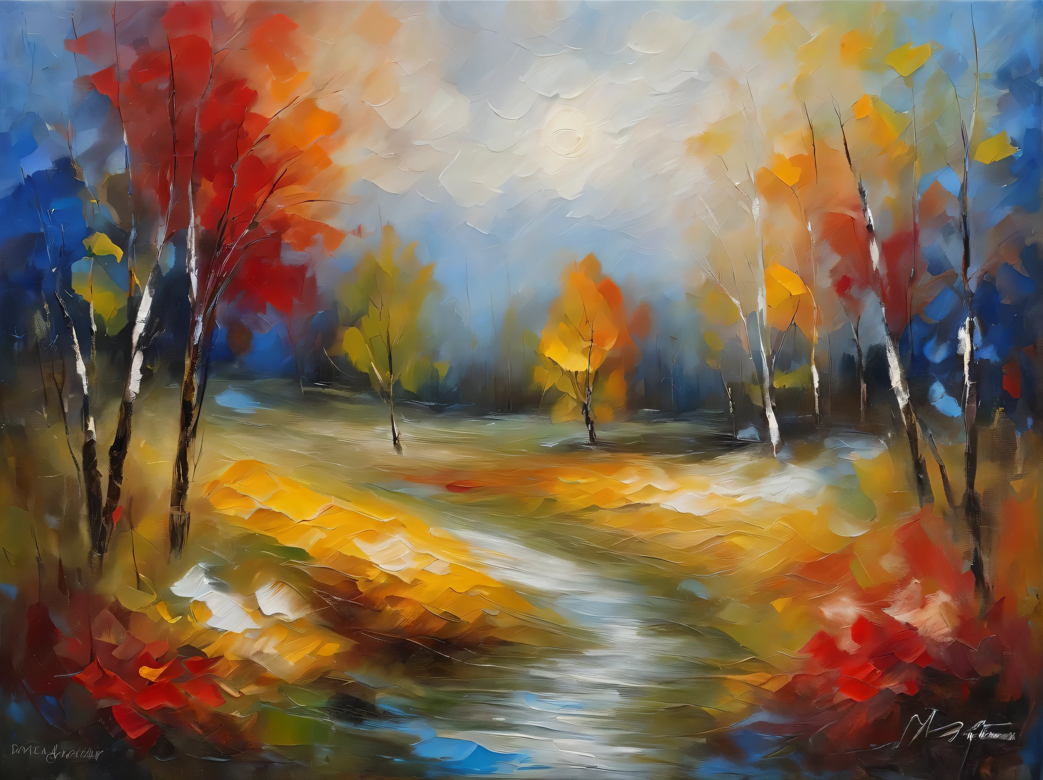 (best quality,realistic:1.37), painting of meadow, snowy whimsical fantasy scene, vibrant colors of white, crimson, and royal blue mini dress, abstract shapes and lines brush strokes, poster art, emotional atmosphere. Impressive oil on canvas, high detail, masterpiece 