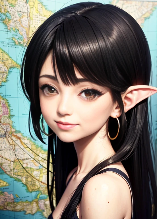 Ultra-realistic 8k CG, masterpiece, best quality, (photorealistic:1.4), absurdres, extremely detailed, realistic anime style, realistic anime style, realistic art style, kawaii realistic portrait, anime art style, anime styled digital art, Anime style. 8K, anime vibes, anime style portrait, anime realism style, realistic anime 3 d style, a fairy girl (((looking at a map))), smiling, black hair, choke, earrings, fairy wings, fairy dress, fairy theme, night garden, fantasy art