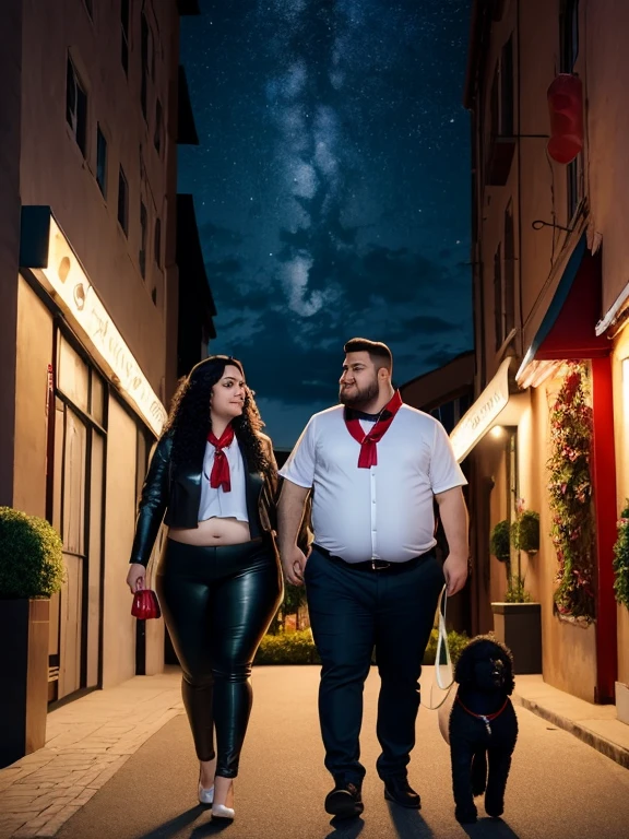 (8k, melhor qualidade, obra de arte:1.2), (realista, photo-realista:1.37), ultra-detalhado,
1 chubby man with extremely thick thighs and a large belly and 1 girl with long black hair holding a poodle dog with white fur color the dog is on his lap the poodle wears a red bandana around its neck, Bonitinho, Sozinho,Beautiful detailed sky,detailed café,sentado, the girl is with her boyfriend next to her they are wearing shiny leather clothes the man is plump, chubby, extremely thick thighs, large belly, (nariz corado),(sorriso:1.15),(boca fechada) seios pequenos,lindos olhos detalhados, colarinho shir, casaco de couro preto jack, white bow, estrangulamento preto ,
(medium long hair:1.2),cabelo flutuante ,Estilo NovaFrog, Pele branca,cinematic light, Night square atmosphere,public lighting flowers foliage shrubs