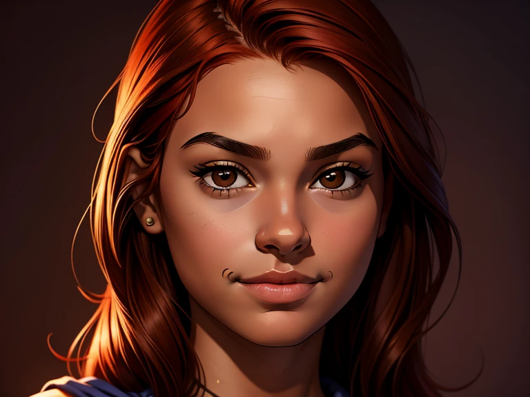 masterpiece, best quality, realistic, 1girl , quiet and charming , 13 year old, a smirk, closed mouth, ((dark skin)), round nose, portrait, extremely detailed face, cold and smirk, ((baby face)), ((dark brown eyes)), ((Red hair)), [thick eyebrows], ((peasant)), dim light, Taylor background