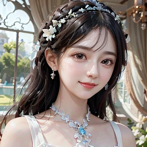 highest quality, ultra nothing, realistic, A photo of a beautiful and cute woman, detailed face, Beautiful black hair, (detailed porcelain dolls,white dress with detailed details), Mansion Pool, (Close up of face from neck), fascinating look, looking at the viewer, happy smile, Bright lighting,