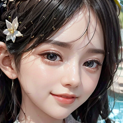 highest quality, ultra nothing, realistic, A photo of a beautiful and cute woman, detailed face, Beautiful black hair, (detailed porcelain dolls,white dress with detailed details), Mansion Pool, (Close up of face from neck), fascinating look, looking at the viewer, happy smile, Bright lighting,