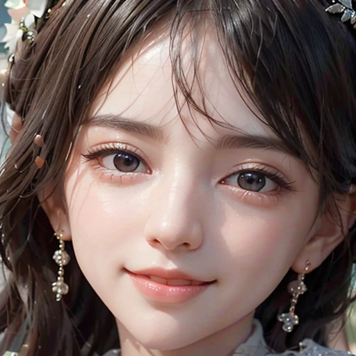 highest quality, ultra nothing, realistic, A photo of a beautiful and cute woman, detailed face, Beautiful black hair, (detailed porcelain dolls,white dress with detailed details), Mansion Pool, (Close up of face from neck), fascinating look, looking at the viewer, happy smile, Bright lighting, 10 years old