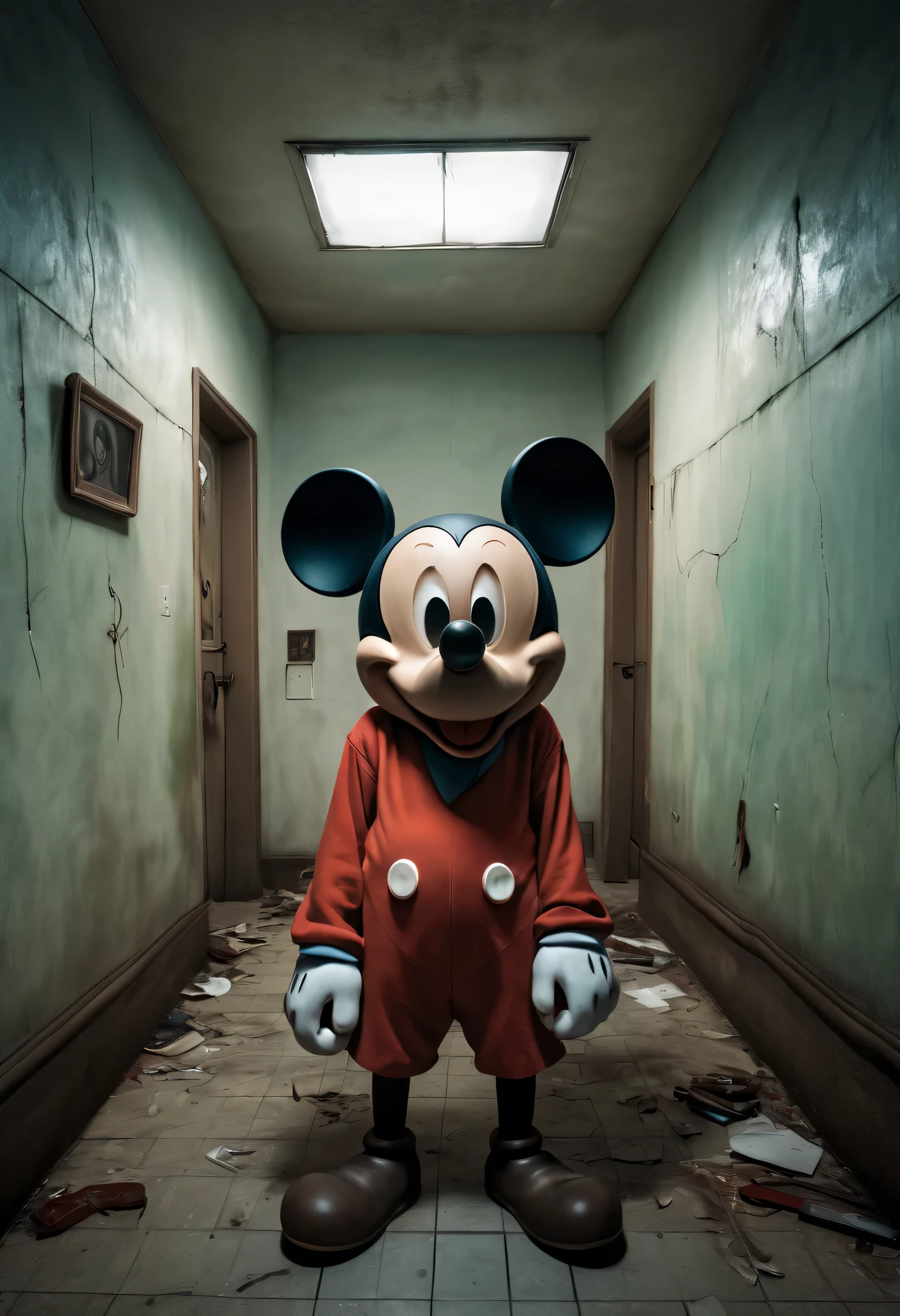 photorealistic, photograph of a an eerie and evil version of Mickey Mouse in an asylum, Mickey is close to the camera lens, fisheye lens, fisheye lens distortion, holding a knife to defend himself, in the style Alfred Hitchcock's movie posters, D&D style, by Stanley Artgerm Lau, WLOP, Rossdraws, James Jean, Andrei Riabovitchev, Marc Simonetti, and Sakimichan