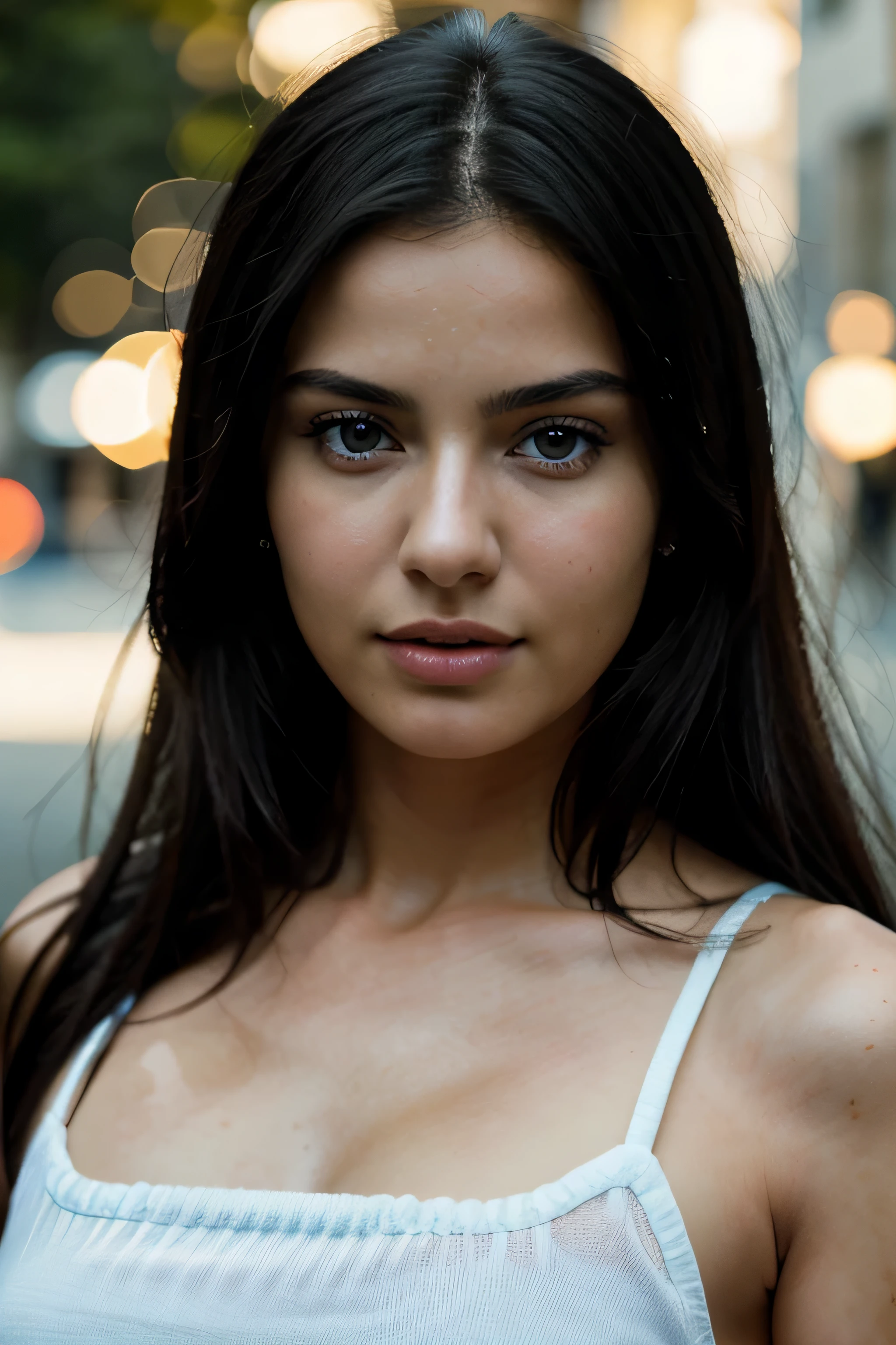 A mesmerizing portrait of a young woman in a translucent white nightgown, drenched by the rain, her captivating eyes peering through her disheveled hair, eyes visible through the hair, colored inner hair, proper eye position, natural skin, backlight, light cinematic, Rim light, Soft light, hips, at night, city side background, detailed color graded background, Intricate, highly detailed, octane rendering, high definition, 8k,