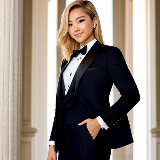 Beautiful blonde hair brown eyes half Filipina half America young woman realistic dressed to impress, tuxedo, no tie, pants, suit top, buttons undone, prom, lesbian, no male, suit coat draped over arm, not wearing suit coat, taking off clothes, after party, smirking smile