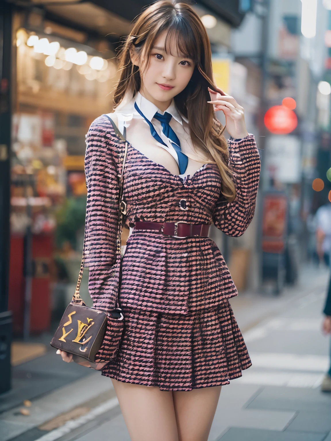 smile, Photo realistic, High resolution, detailed background, detailed beautiful skin, detailed nose, soft lighting, (solo shot:1.23), (upper body:1.1), closed shot, (breast focused:1.3), looking at viewer, (((nice hand, perfect hand))), clear eyes,// japanese lady,cleavage, pale skin, mega breasts, 20 year old, // (((wearing louis vuitton))), long hair, street snap, ((facing viewer)), at the street tokyo, ((standing)),