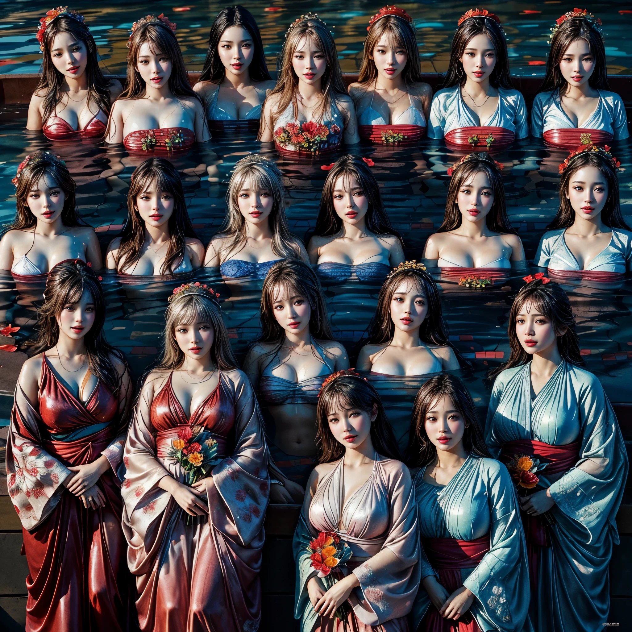 (Full of colorful flowers, White and Red, ((Overhead shot, From directly above))), (Acutance:0.85), ((NSFW:-0.95)), (Exposed:1.1), (((:-0.99))) . ((Group photo of 6 girls (laying in a pool filled with flower:1.25))), { (Full of flowers covering and surrounding girl's body:1.2) | (Flower Bikini knitted with flowers:1.3) }, (((Extremely Detailed KAWAII face variations)) with joyful expressions), { (pretty Ass) |erflowing sideboob | Overflowing underboob | Hidden hands | Bloody crotch } . Masterpiece of 8K Finest Quality, (Physically-based 3D Rendering with Ultra-detailed:1.2), (((Realistic and Photorealistic with touch of rawness:1.37))) . { wet and oiled ivory skin with tanline | Sparkling splash with Rainbow | Mystic sight | God rays | Haze }. (Absolutely filled with flowers), Overflowing flowers, all of water surface is absolutely filled with flowers, Full of flowers .