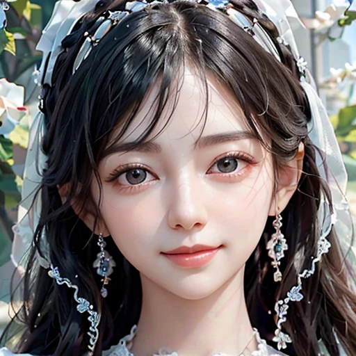highest quality, ultra nothing, realistic, A photo of a beautiful and cute woman, detailed face, Beautiful black hair, (detailed porcelain dolls,white dress with detailed details), Mansion Pool, (Close up of face from neck), fascinating look, looking at the viewer, happy smile, Bright lighting,