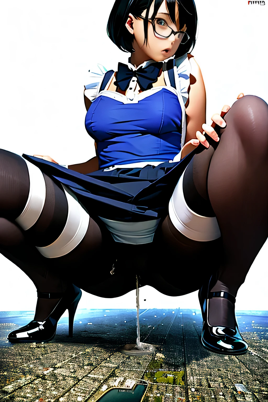 Giantの芸術, 非常に詳細なGiantショット, Giant, short hair, A maid that is much bigger than a skyscraper, wearing rimless glasses, big breasts, big ass, navy maid uniform, black pantyhose, black shoes, very small metropolis, miniature metropolis, squatting and urinating, full body description, GTS, ギガGiant, Stomping City, crash city, Small town, micro city, maid, Pee,
