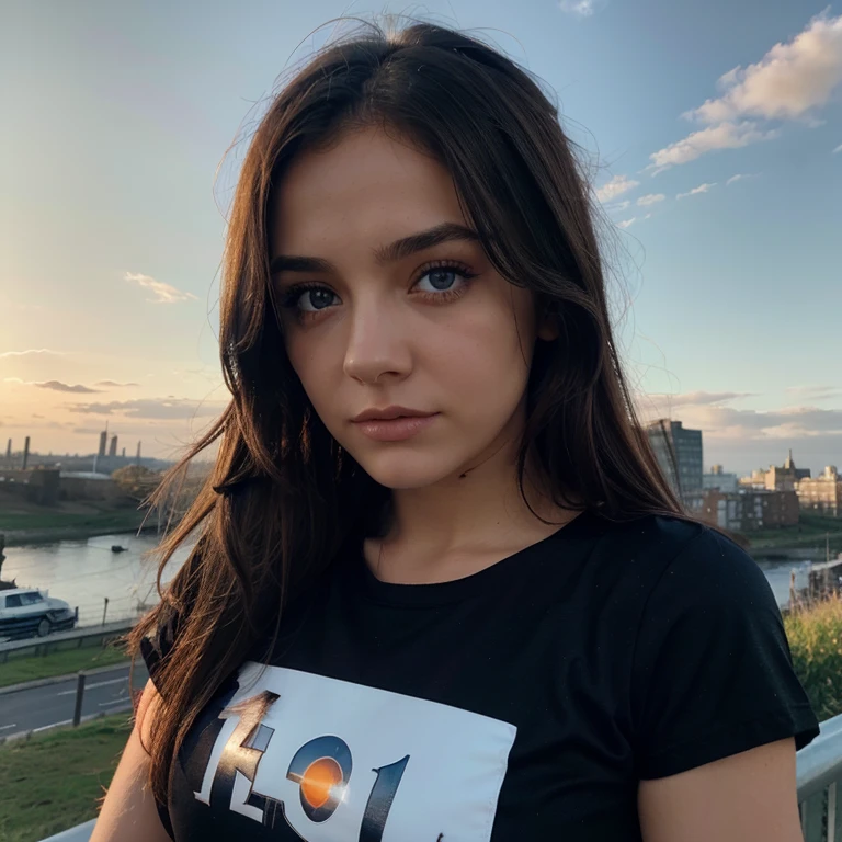 Albanian, girl, brown hair, blue eyes, short black top, Scotland, sun gazing, Emo clothes, glowing eyes, beautiful skyline, feeling sadness, tears 