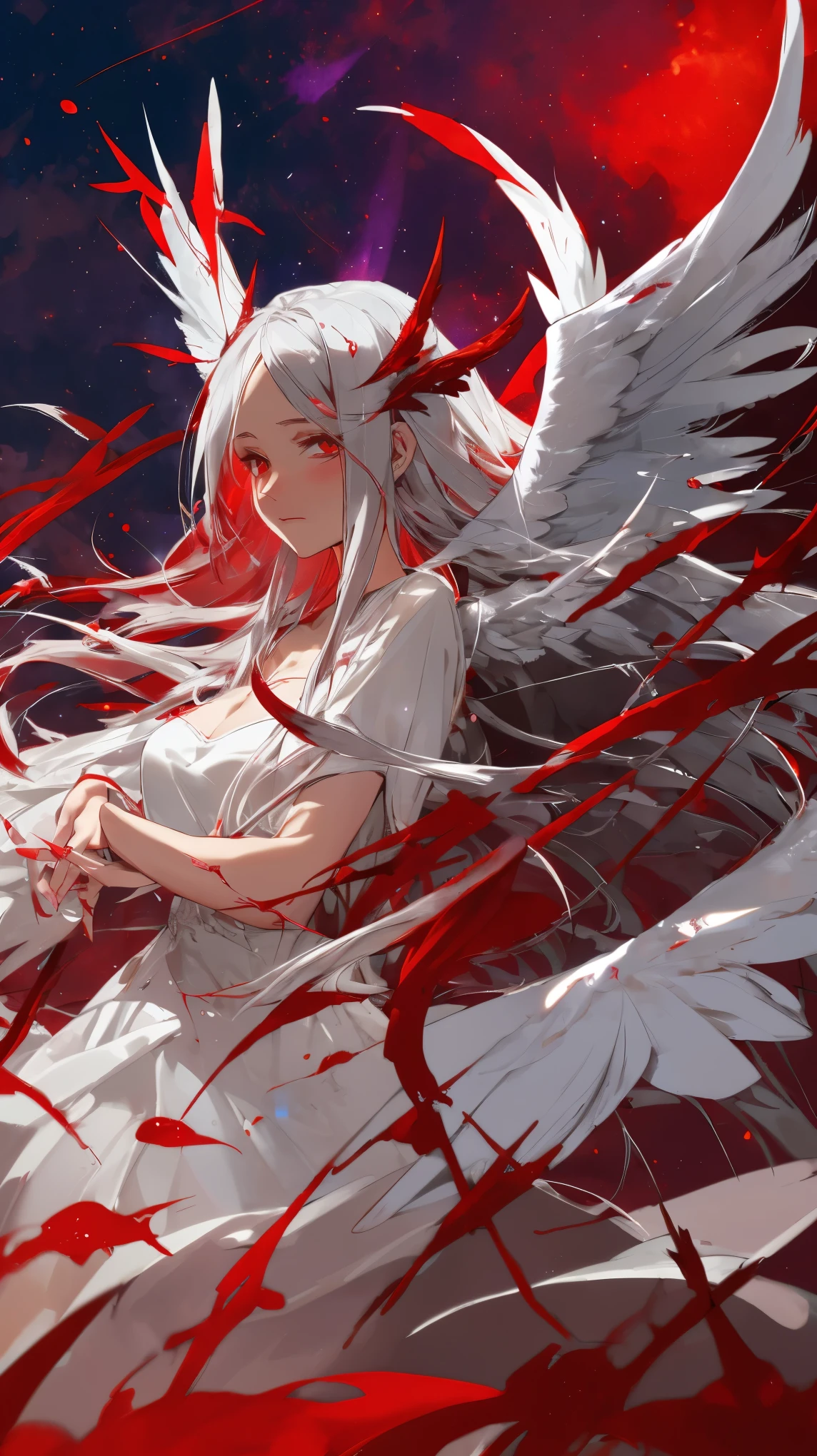 silver hair, silver skin, red light eyes, mature female, medium breasts, cowboy shot, ((silver feathered wings:1.2)), ((drops of blood:1.2)), ((night:1.2)), open land, ((((red night sky:1.3)))), perfect hands, dripping red light, red aura, dark atmosphere, messy hair, long hair, starrystarscloudcolorful, masterpiece, best quality, extremely detailed cg unity 8k wallpaper, high-quality, ultra-detailed, depth of field, illustration, beautiful detailed wallpaper, accurate anatomy to hands and fingers, albedo (overlord), white dress, black wings, yelow eyes, demon, white horns