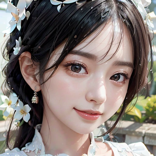 highest quality, ultra nothing, realistic, A photo of a beautiful and cute Japanese woman, detailed face, Beautiful black hair, (detailed porcelain dolls,white dress with detailed details), Mansion Pool, (Close up of face from neck), fascinating look, looking at the viewer, happy smile, Bright lighting, 10 years old