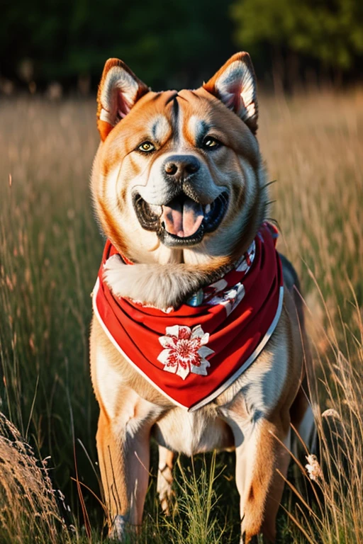  very hairy Akita dog with red bandana around his neck in a flowering grass a Pitbull in sy3 style
