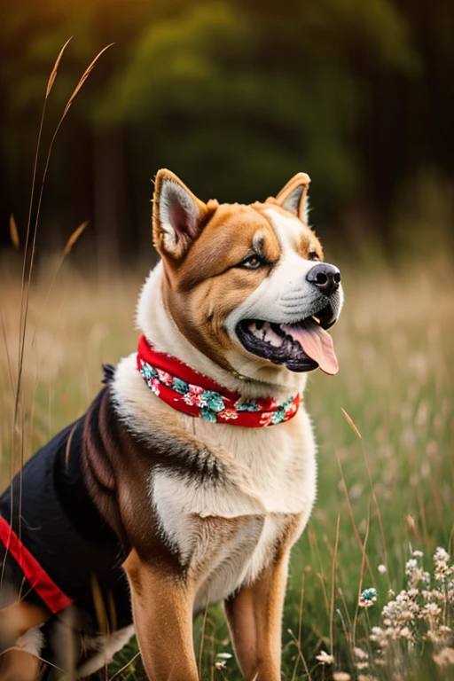  very hairy Akita dog with red bandana around his neck in a flowering grass a Pitbull in sy3 style
