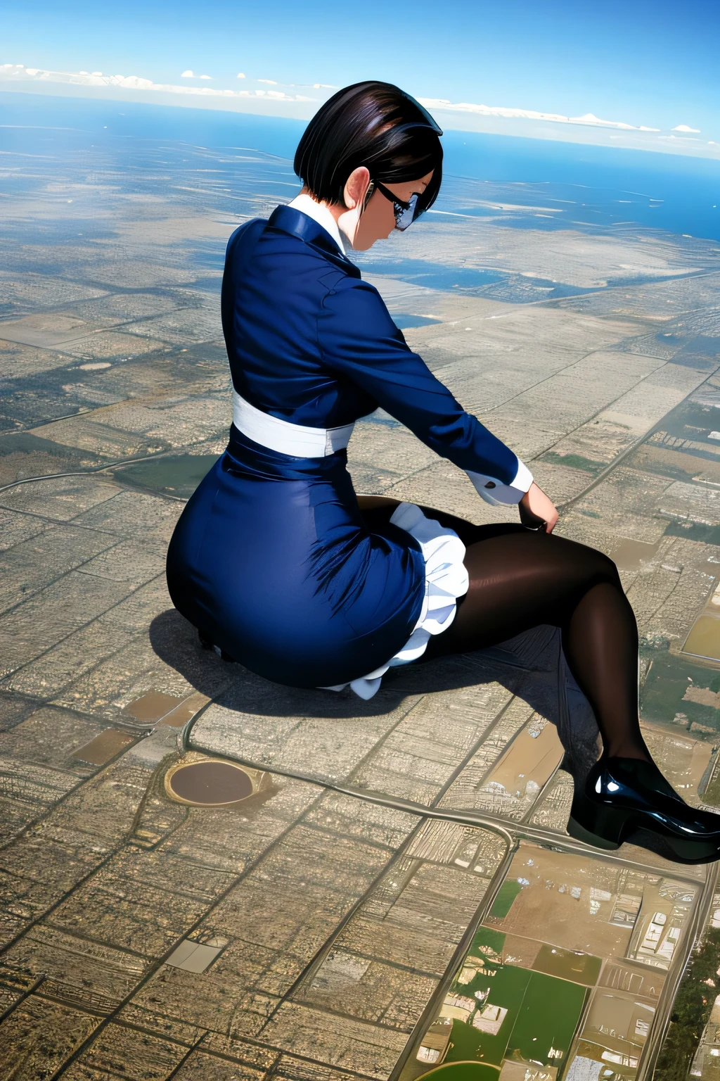 Giantの芸術, 非常に詳細なGiantショット, Giant, short hair, A maid that is much bigger than a skyscraper, wearing rimless glasses, big breasts, big ass, navy maid uniform, black pantyhose, black shoes, very small metropolis, miniature metropolis, squatting and urinating, full body description, GTS, ギガGiant, Stomping City, crash city, Small town, micro city, maid, Pee,
