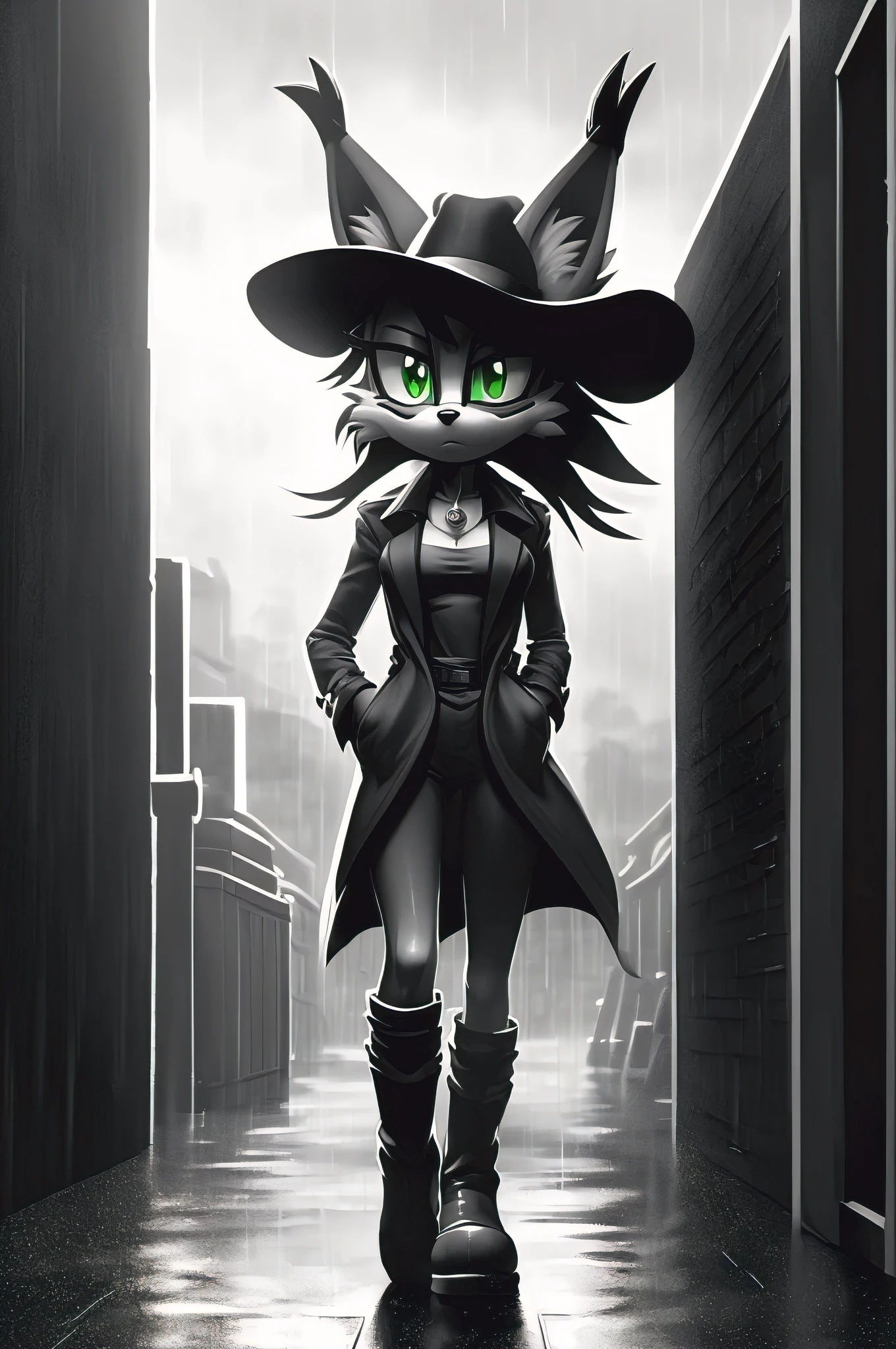 ((Masterpiece), high quality, detailed, greyscale, high contrast, backlighting), nicole the lynx, mobian, facial markings, serious face, spot color, glowing green eyes, breasts, hat, trenchcoat, open coat, hand in pocket, alleyway, wind, raining, dutch angle three-quarter portrait, background character, silhouette, detailed background