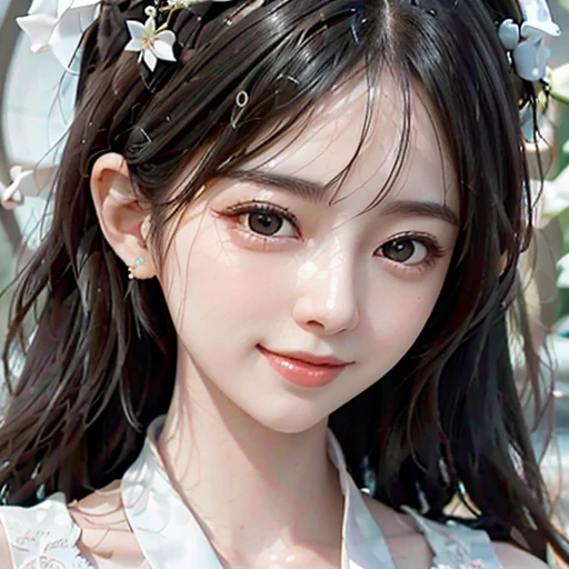 highest quality, ultra nothing, realistic, A photo of a beautiful and cute Japanese woman, detailed face, Beautiful black hair, (detailed porcelain dolls,white dress with detailed details), Mansion Pool, (Close up of face from neck), fascinating look, looking at the viewer, happy smile, Bright lighting, 10 years old