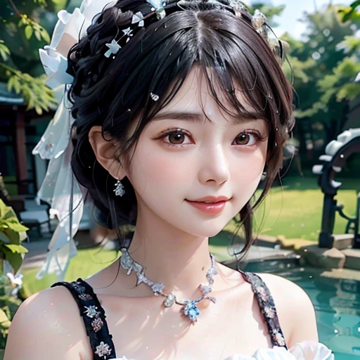 highest quality, ultra nothing, realistic, A photo of a beautiful and cute Japanese woman, detailed face, Beautiful black hair, (detailed porcelain dolls,white dress with detailed details), Mansion Pool, (Close up of face from neck), fascinating look, looking at the viewer, happy smile, Bright lighting,