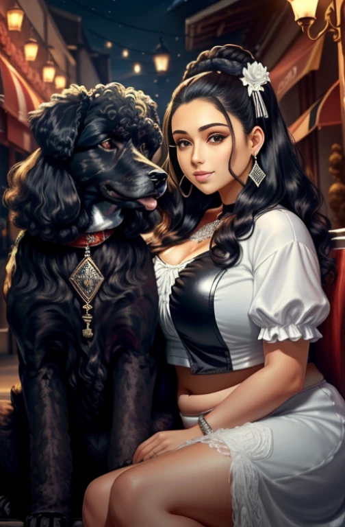 (8k, melhor qualidade, obra de arte:1.2), (realista, photo-realista:1.37), ultra-detalhado, 
1 chubby man with extremely thick thighs and a large belly and 1 girl with long black hair holding a poodle dog with white fur color the dog is on his lap the poodle wears a red bandana around its neck, Bonitinho, Sozinho,Beautiful detailed sky,detailed café,sentado, the girl is with her boyfriend next to her they are wearing shiny leather clothes the man is plump, chubby, extremely thick thighs, large belly, (nariz corado),(sorriso:1.15),(boca fechada) seios pequenos,lindos olhos detalhados, colarinho shir, casaco de couro preto jack, white bow, estrangulamento preto ,
(medium long hair:1.2),cabelo flutuante ,Estilo NovaFrog, Pele branca,cinematic light, Night square atmosphere,public lighting flowers foliage shrubs