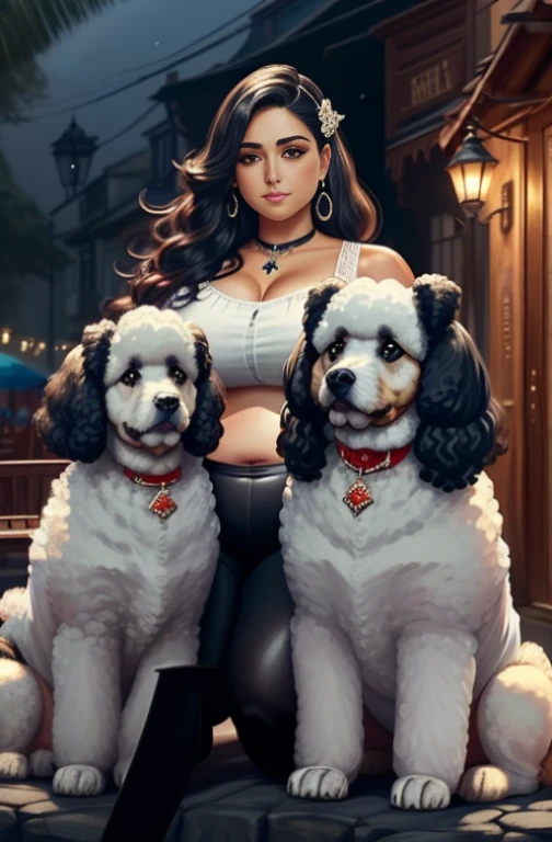 (8k, melhor qualidade, obra de arte:1.2), (realista, photo-realista:1.37), ultra-detalhado, 
1 chubby man with extremely thick thighs and a large belly and 1 girl with long black hair holding a poodle dog with white fur color the dog is on his lap the poodle wears a red bandana around its neck, Bonitinho, Sozinho,Beautiful detailed sky,detailed café,sentado, the girl is with her boyfriend next to her they are wearing shiny leather clothes the man is plump, chubby, extremely thick thighs, large belly, (nariz corado),(sorriso:1.15),(boca fechada) seios pequenos,lindos olhos detalhados, colarinho shir, casaco de couro preto jack, white bow, estrangulamento preto ,
(medium long hair:1.2),cabelo flutuante ,Estilo NovaFrog, Pele branca,cinematic light, Night square atmosphere,public lighting flowers foliage shrubs