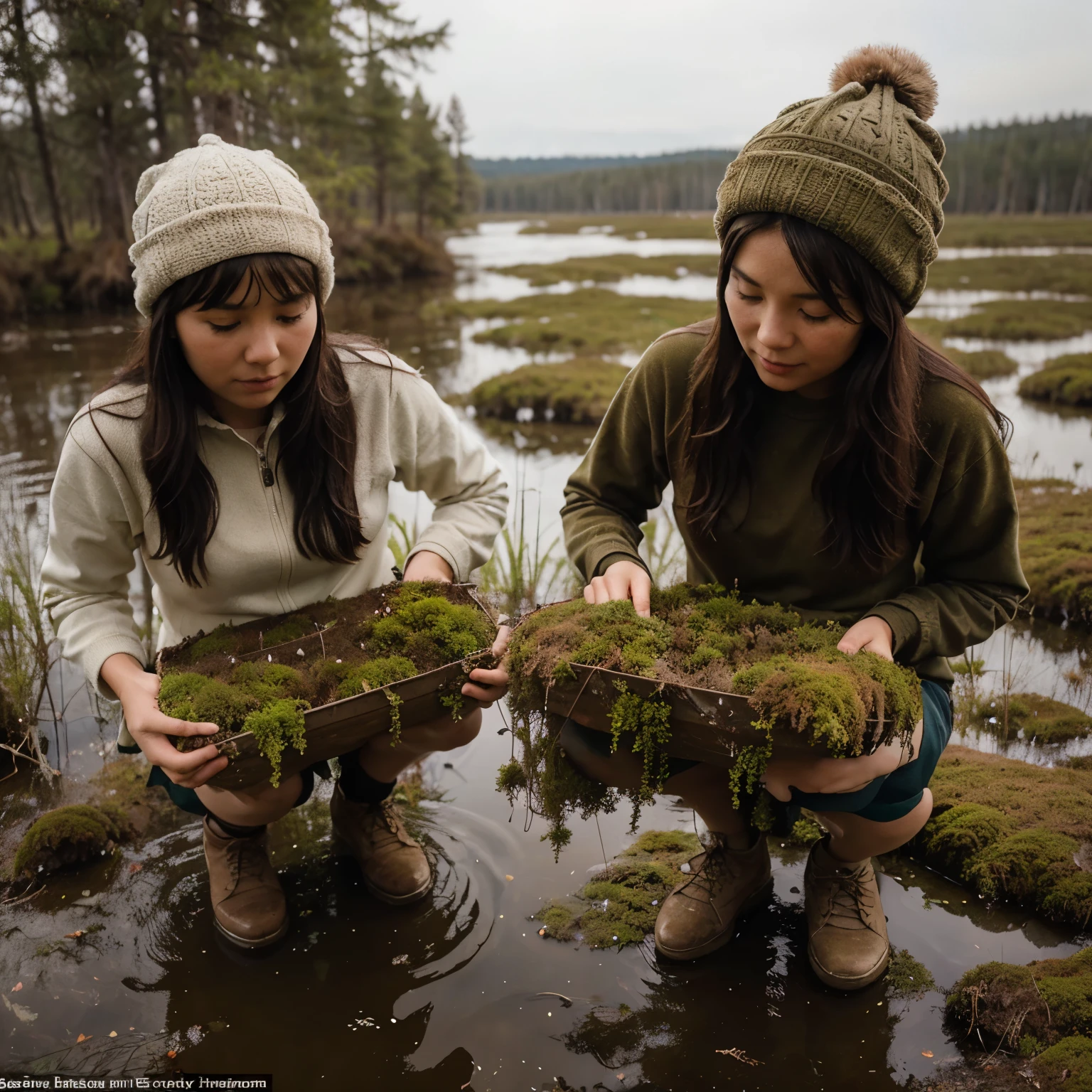 2 girls 35 years old in sphagnum moss hats stand bending over collecting sphagnum moss in the swamps of Siberia 