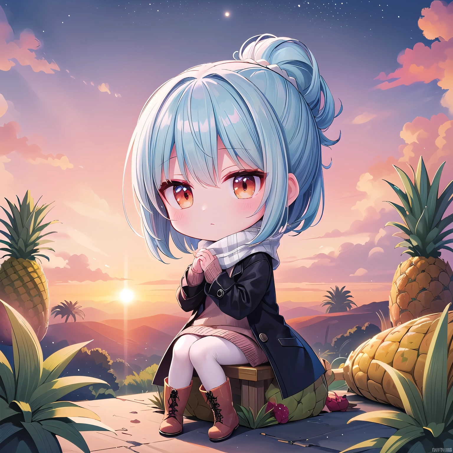 (Chibi, Pineapple, one girl: 1.4), (Masterpiece, almond-shaped eyes, glossy white-blue hair, short chignon hair, top quality, carefully drawn fingertips, beautiful anatomy,full body : 1.4), (Tasteful Colored pencil hand-drawn picture: 1.3), (Red cheeks, indifference, no expression, hair blowing in the wind: 1.2), (Slim and warm clothes, fluffy sweater,long skirt,scarf,down long coat, sweater tights,warm boots,Celebrity Lifestyle: 1.2), (Elegant night,sit, sunrise: 1.3), (Chibi infiltrates mysterious places ,pineapple underground city, ecosystems coexist:1.1)