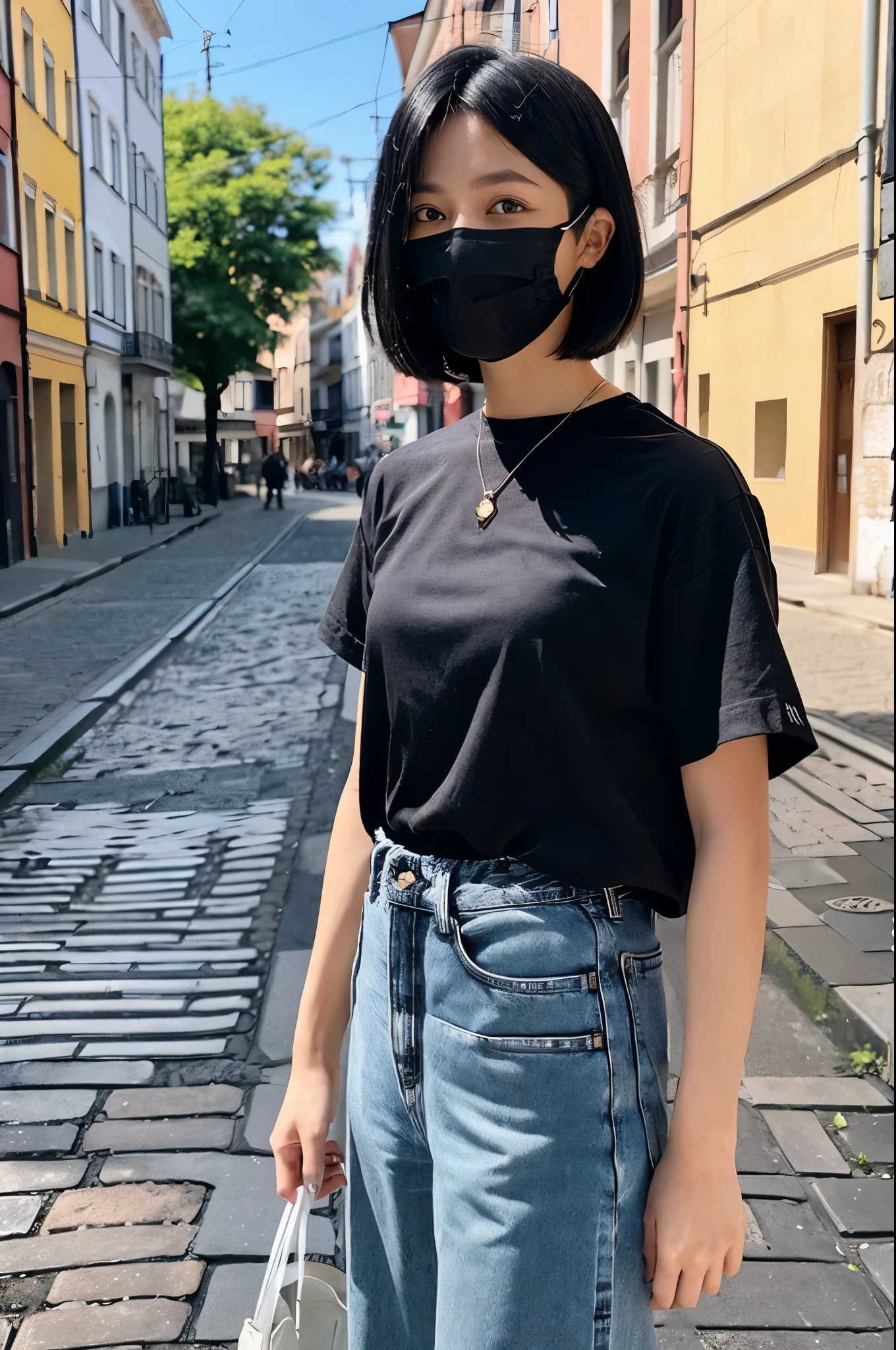 64K CG image of a Japanese woman with a boyish atmosphere(super hyper real:1.5)Please generate it with。
she is a female teenager。
BREAK,
(black hair,short hair,short bob:1.5),
BREAK,
(A person wearing a black T-shirt,wear denim pants,Please draw a scene where you are wearing a black surgical mask.。:1.5),
BREAK,
The camera angle captures her from head to toe.,
Highlight her beautiful fashion and attractive figure。
(looking at the viewer,cowboy shot:1.5),
BREAK,
(European cobblestone streets with historic streets:1.5),
BREAK,
Crisp and razor-sharp details(super clear details:1.5)and amazing color depth(color depth:1.25)is required。
Must imitate the unparalleled sharpness and color vibrancy of photos taken with ultra-high-end cameras such as MS and Fujifilm XT3,
