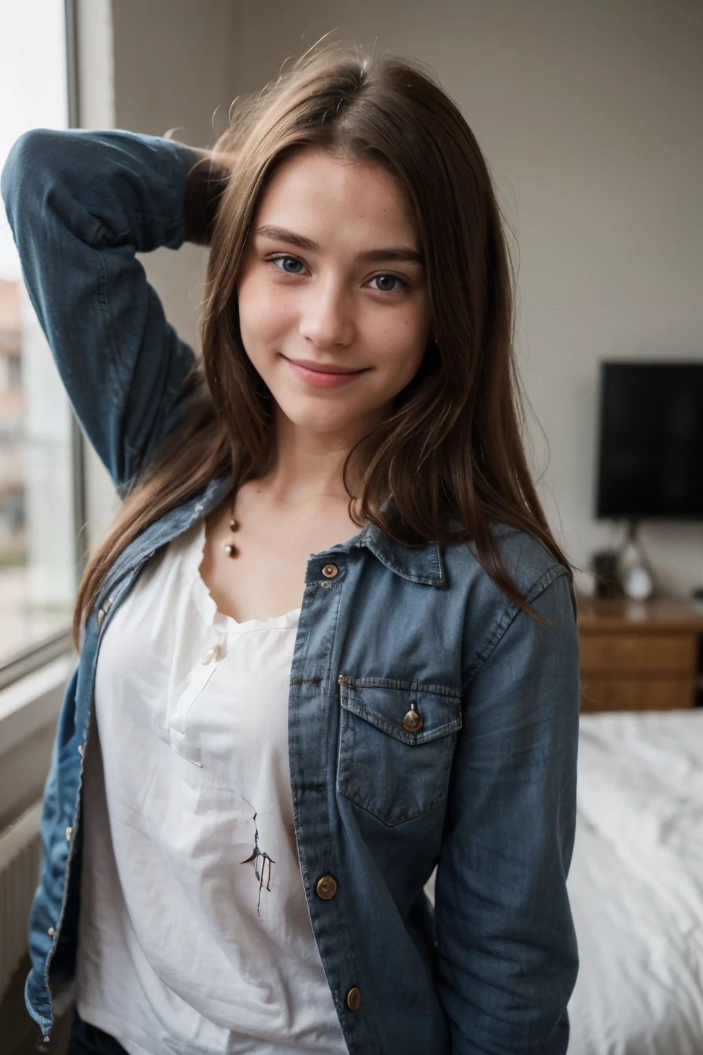 beautiful  smiling girl (((Morgane Guivarch))), blue eyes, long hair, 1m65, 45kg