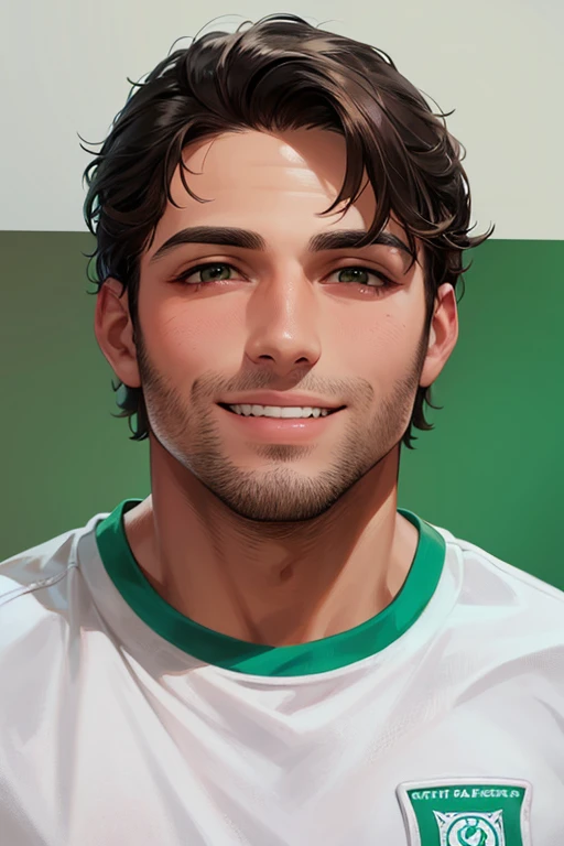 a frontal face portrait for a young brown armenian man with brown messy hair and smooth face, green eyes, athletic men, smiling, white background